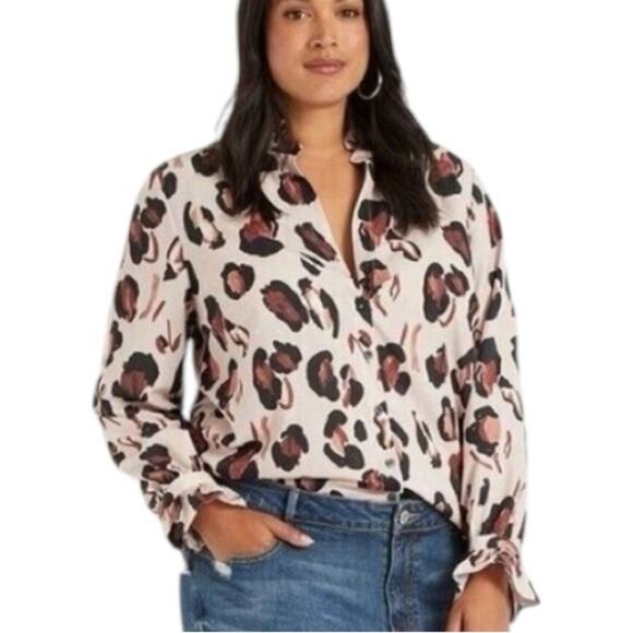 Eloquii Button Down Blouse Long Ruffle Sleeves Neck Cheetah Women’s Plus Size 14 - Picture 1 of 15